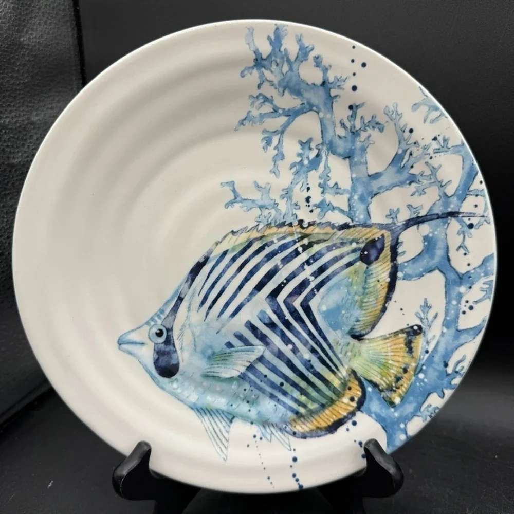 Pier 1 Sea Life Ocean Set of 3 Salad Plates Octopus Crab Angel Fish 8 3/4